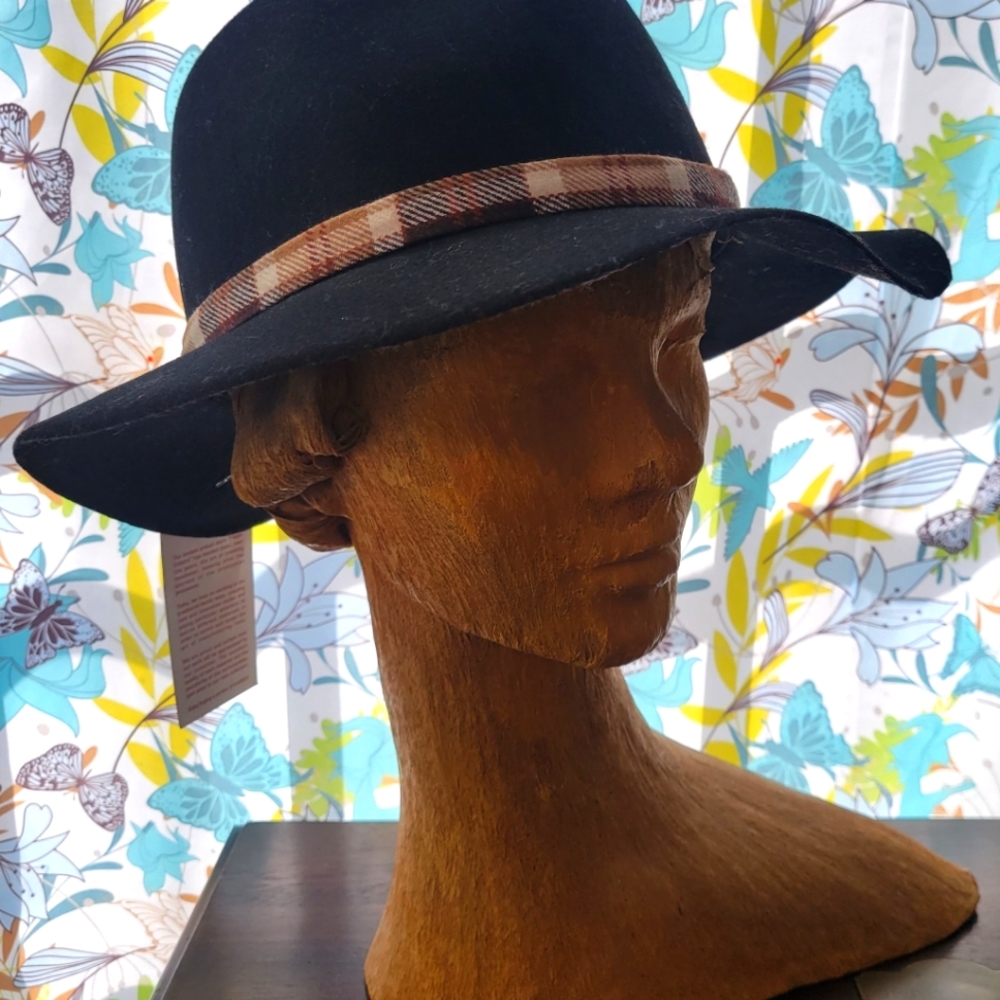 Black Catarzi Wool Hat with Plaid Trim